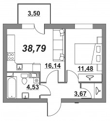Однокомнатная квартира 38.79 м²