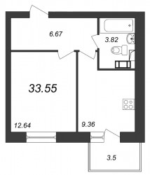 Однокомнатная квартира 33.55 м²