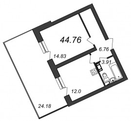 Однокомнатная квартира 44.76 м²
