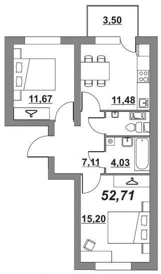 Двухкомнатная квартира 52.54 м²