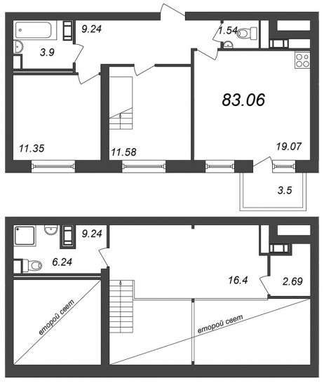 Двухкомнатная квартира 83.06 м²