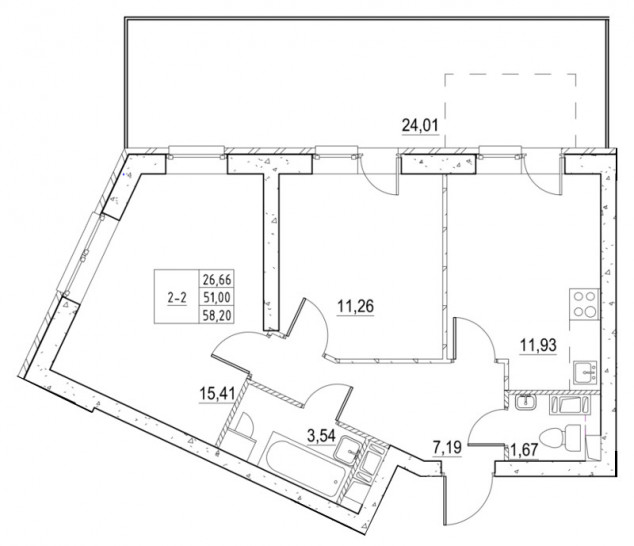 Двухкомнатная квартира 58.11 м²