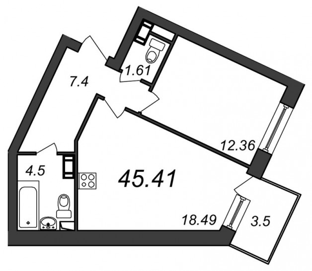 Однокомнатная квартира 45.41 м²