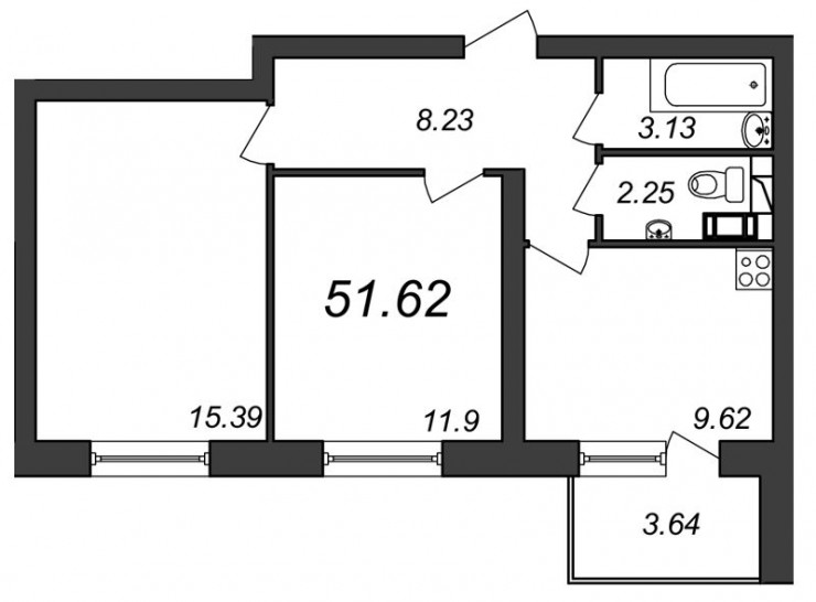 Двухкомнатная квартира 51.62 м²
