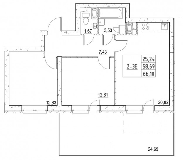 Двухкомнатная квартира 65.92 м²
