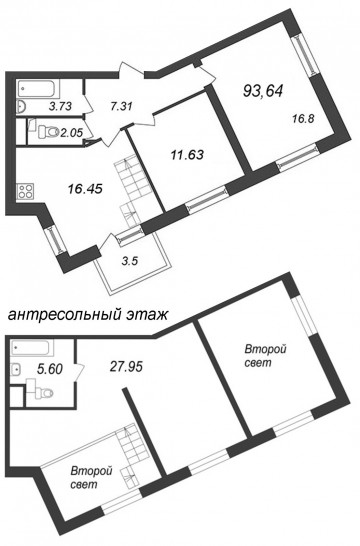 Двухкомнатная квартира 93.64 м²