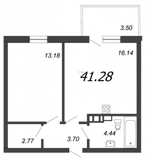 Однокомнатная квартира 41.28 м²