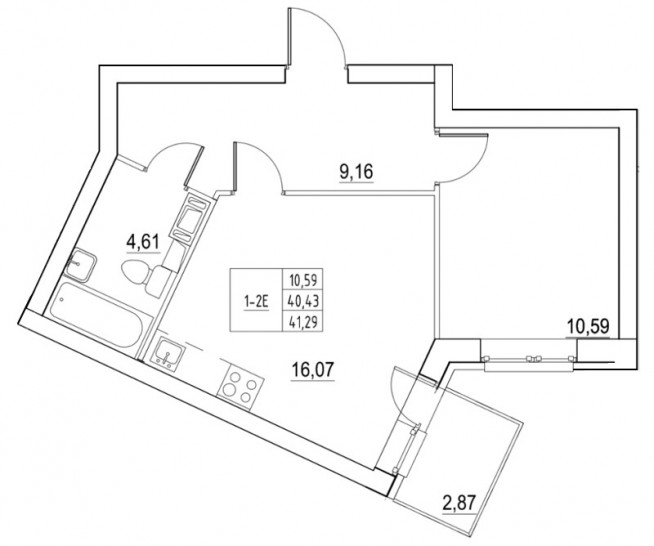 Однокомнатная квартира 41.29 м²
