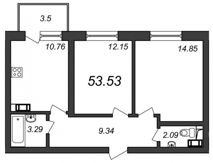 Двухкомнатная квартира 53.53 м²