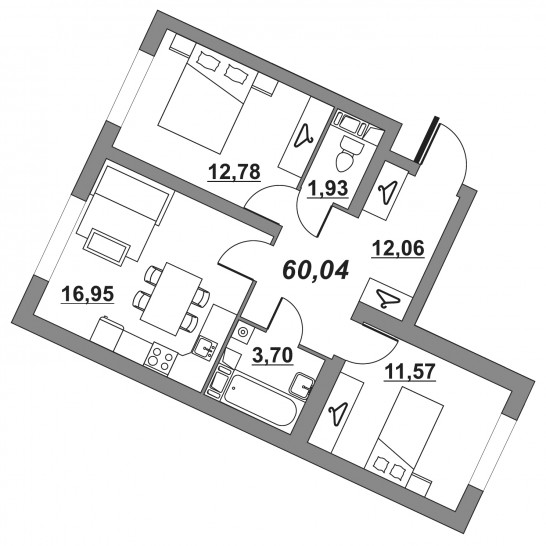 Двухкомнатная квартира 60.06 м²