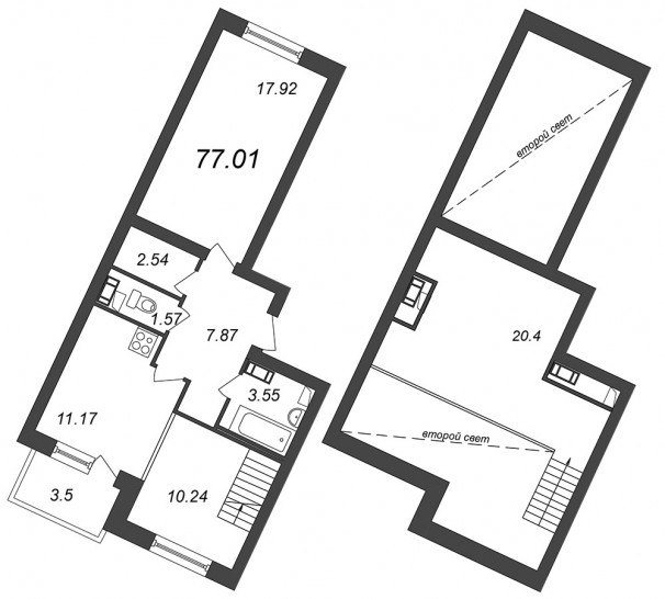 Двухкомнатная квартира 77.01 м²