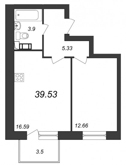 Однокомнатная квартира 39.53 м²