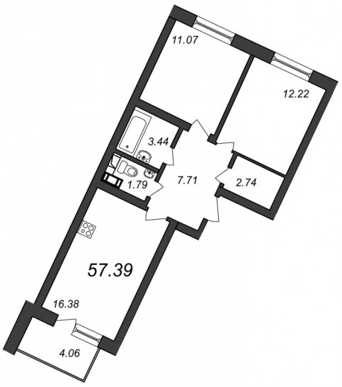 Двухкомнатная квартира 57.39 м²