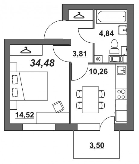 Однокомнатная квартира 34.4 м²
