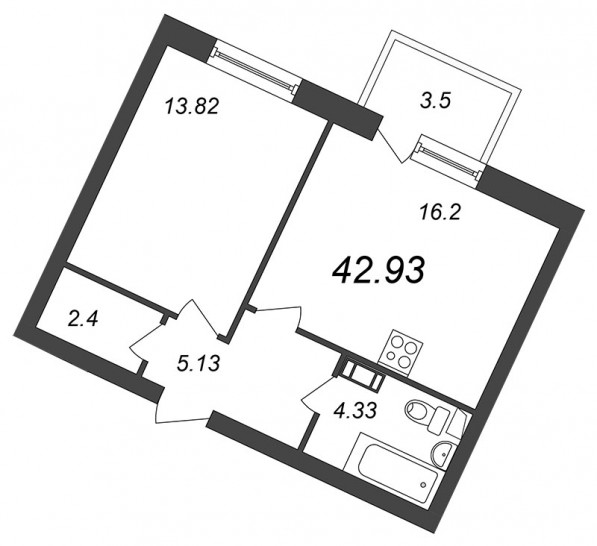 Однокомнатная квартира 42.93 м²