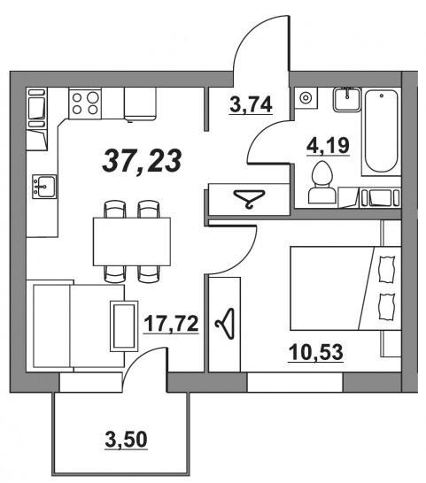 Однокомнатная квартира 37.25 м²