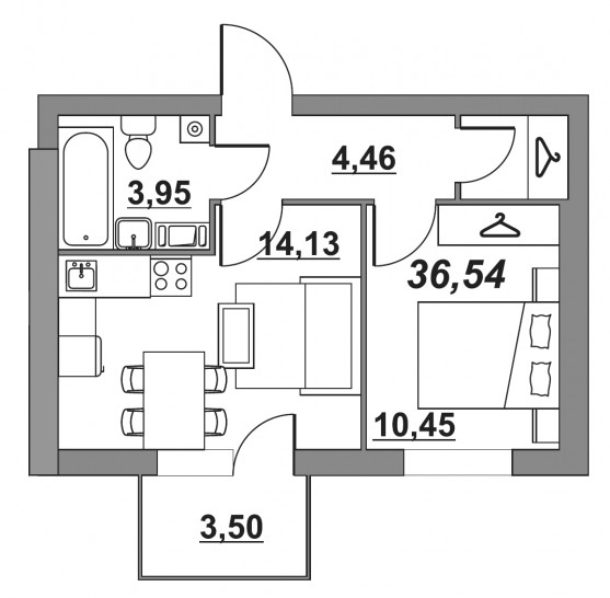 Однокомнатная квартира 36.54 м²