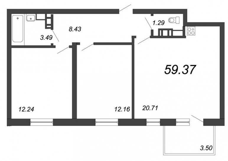 Двухкомнатная квартира 59.37 м²