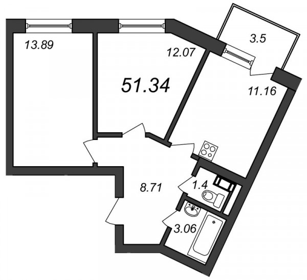 Двухкомнатная квартира 51.34 м²