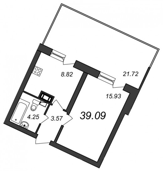 Однокомнатная квартира 39.13 м²