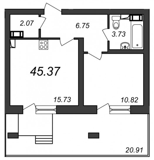Однокомнатная квартира 45.37 м²
