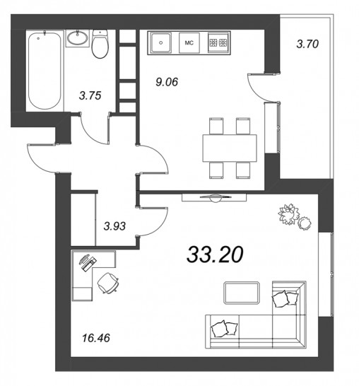 Однокомнатная квартира 35.05 м²