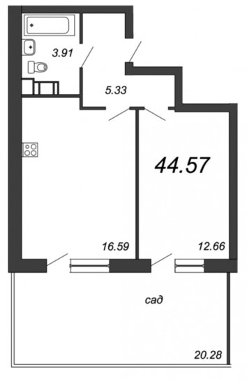 Однокомнатная квартира 44.57 м²