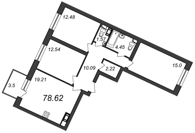 Трёхкомнатная квартира 79.68 м²