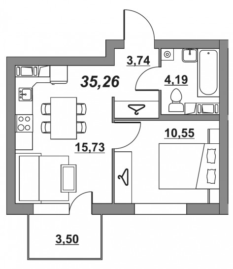 Однокомнатная квартира 35.26 м²