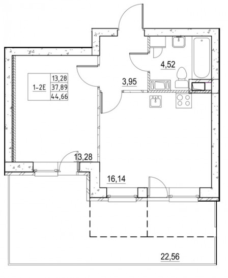 Однокомнатная квартира 44.66 м²