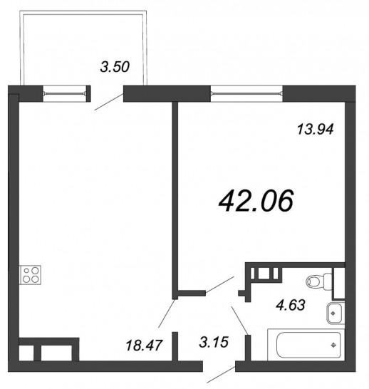 Однокомнатная квартира 42.06 м²