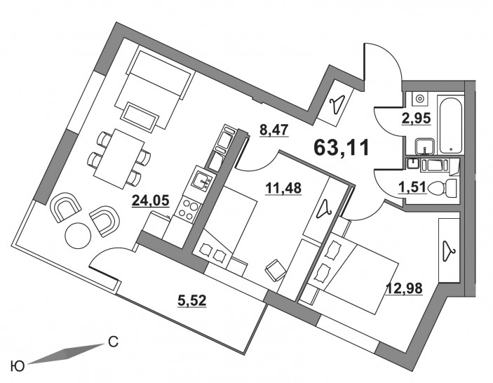 Двухкомнатная квартира 61.16 м²