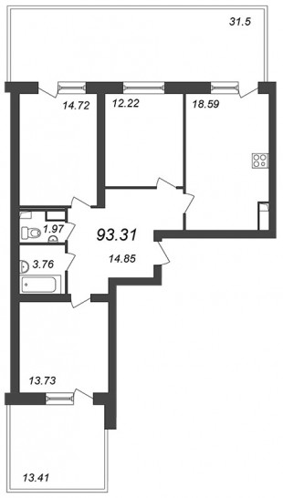 Трёхкомнатная квартира 83.86 м²
