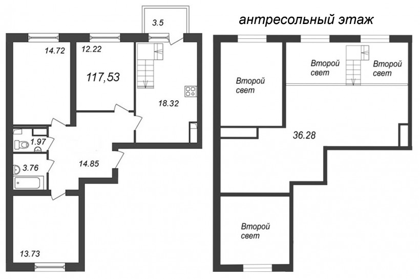 Трёхкомнатная квартира 117.53 м²