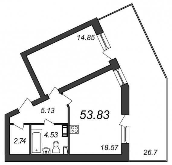 Однокомнатная квартира 53.83 м²