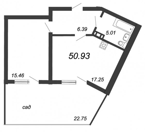 Однокомнатная квартира 50.93 м²