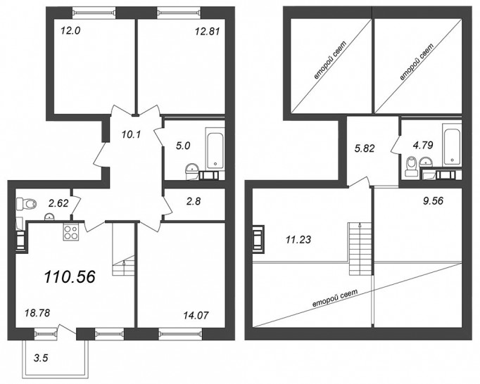 Трёхкомнатная квартира 110.56 м²