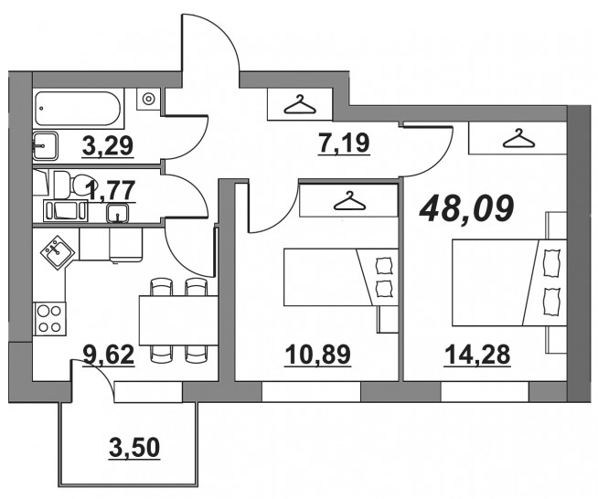 Двухкомнатная квартира 48.09 м²