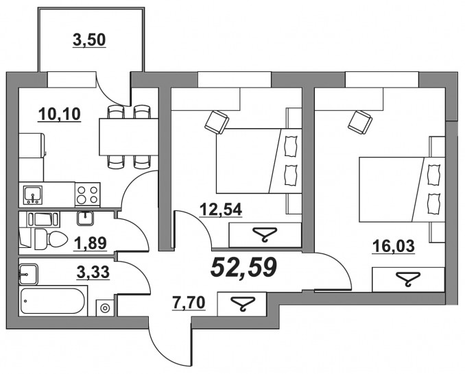 Двухкомнатная квартира 52.59 м²