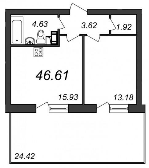 Однокомнатная квартира 46.61 м²