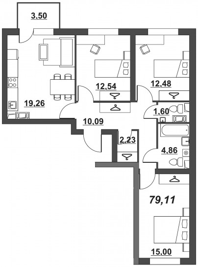 Трёхкомнатная квартира 79.11 м²