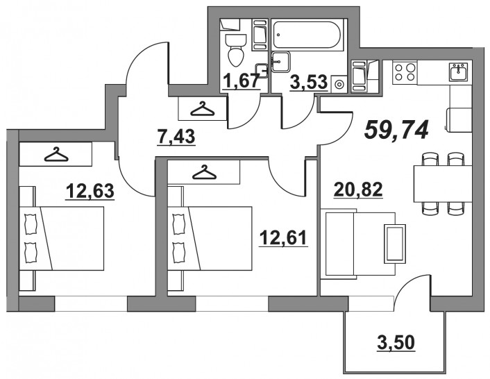 Двухкомнатная квартира 59.66 м²