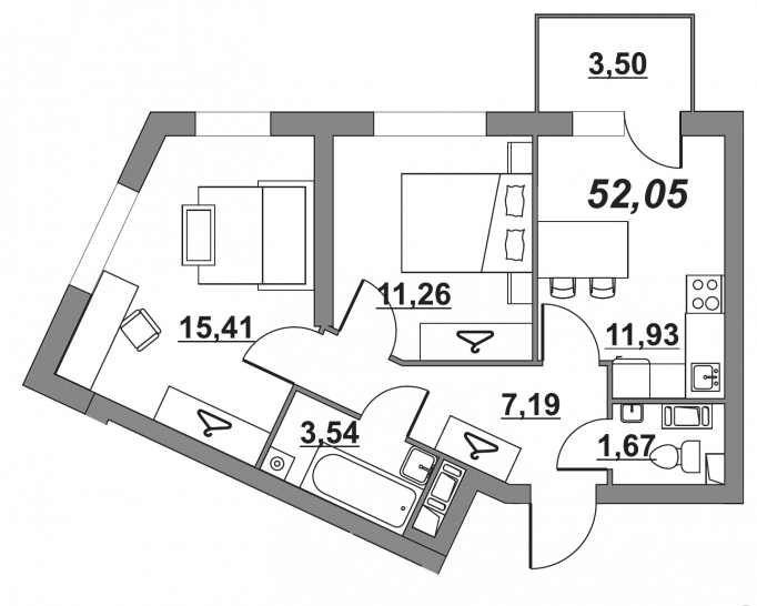 Двухкомнатная квартира 52.05 м²