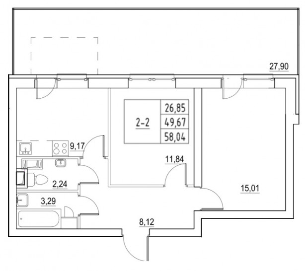 Двухкомнатная квартира 57.86 м²