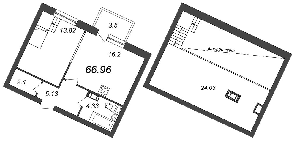 Однокомнатная квартира 66.96 м²