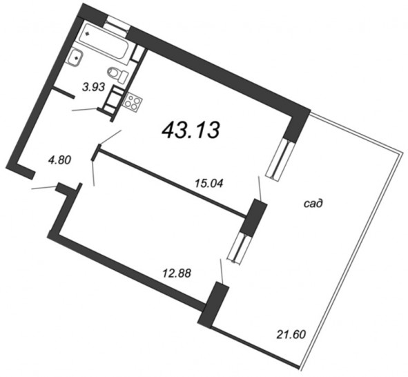 Однокомнатная квартира 43.13 м²