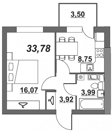 Однокомнатная квартира 33.87 м²