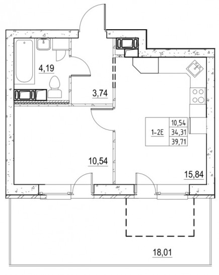 Однокомнатная квартира 39.72 м²