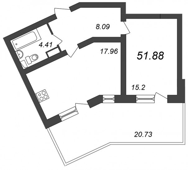 Однокомнатная квартира 51.88 м²