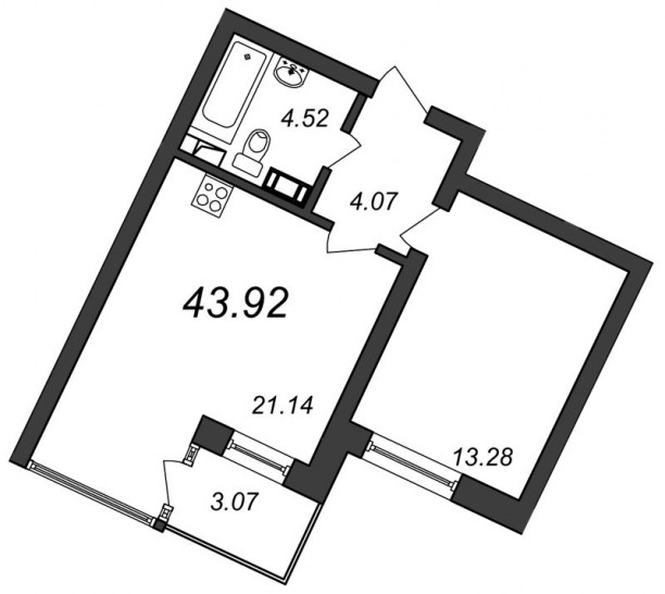Однокомнатная квартира 43.92 м²